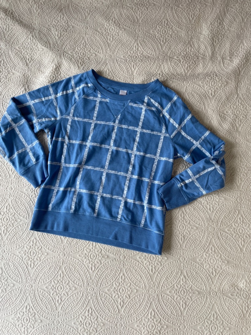 Medium/ Large Bongo Blue Grid Print Lightweight cropped Sweatshirt